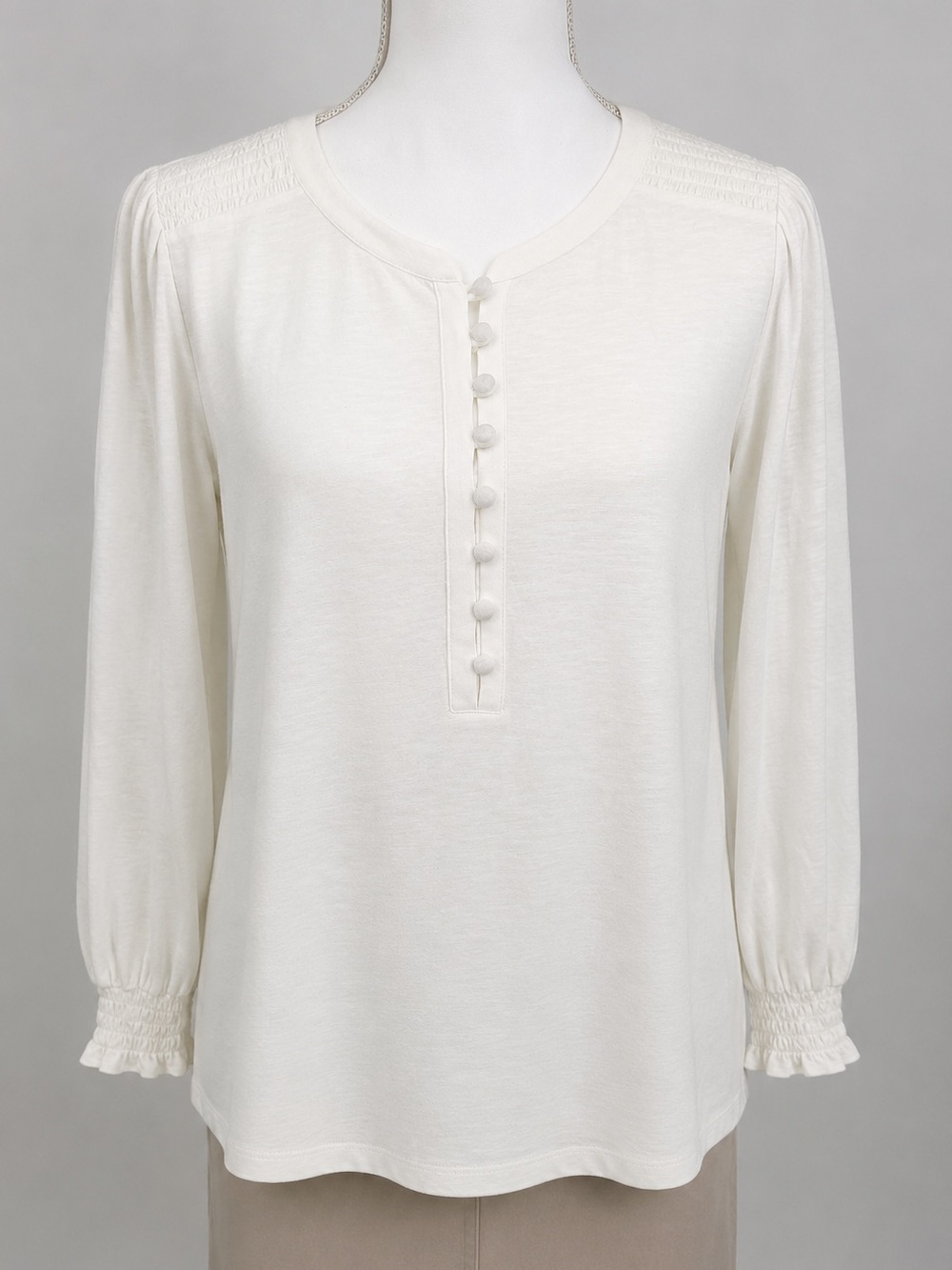 J. Jill Cream Long-Sleeve Button Henley with Smocked Cuffs
